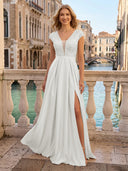 V Neck Satin A Line Glitter Evening Dresses with Slit