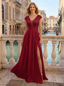 V Neck Satin A Line Glitter Evening Dresses with Slit