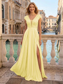 V Neck Satin A Line Glitter Evening Dresses with Slit