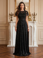 Sequin Crew Neck A Line Long Evening Dresses