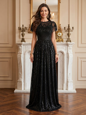 Sequin Crew Neck A Line Long Evening Dresses