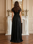 Sequin Crew Neck A Line Long Evening Dresses