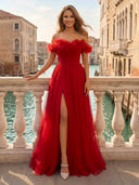 Tulle Off Shoulder Mermaid Long Evening Dresses with Slit