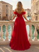 Tulle Off Shoulder Mermaid Long Evening Dresses with Slit