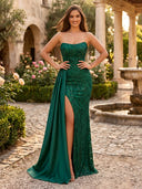 Sequin Strapless Mermaid Long Evening Dresses with Slit