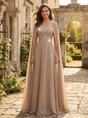 Chiffon Square Neck Long Evening Dresses with Cape