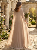 Chiffon Square Neck Long Evening Dresses with Cape