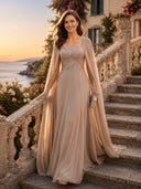 Chiffon Square Neck Long Evening Dresses with Cape