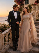 Chiffon Square Neck Long Evening Dresses with Cape