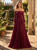 Chiffon Off Shoulder A Line Long Evening Dresses with Lace
