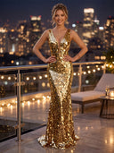 Sequin V Neck Mermaid Long Evening Dresses