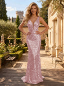 Sequin V Neck Mermaid Long Evening Dresses