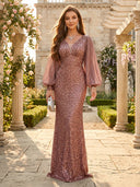 Sequin V Neck Mermaid Long Evening Dresses