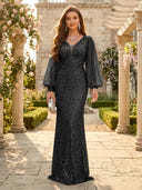 Sequin V Neck Mermaid Long Evening Dresses
