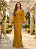 Sequin V Neck Mermaid Long Evening Dresses