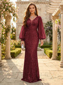 Sequin V Neck Mermaid Long Evening Dresses
