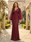 Sequin V Neck Mermaid Long Evening Dresses