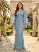 Sequin V Neck Mermaid Long Evening Dresses