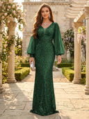 Sequin V Neck Mermaid Long Evening Dresses