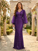 Sequin V Neck Mermaid Long Evening Dresses