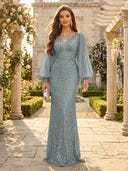Sequin V Neck Mermaid Long Evening Dresses