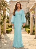Sequin V Neck Mermaid Long Evening Dresses