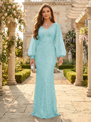 Sequin V Neck Mermaid Long Evening Dresses