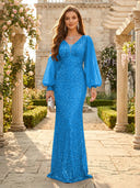 Sequin V Neck Mermaid Long Evening Dresses