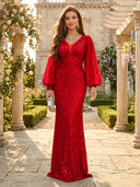 Sequin V Neck Mermaid Long Evening Dresses