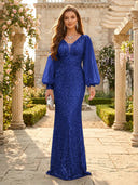 Sequin V Neck Mermaid Long Evening Dresses