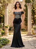 Satin Off Shoulder Mermaid Long Evening Dresses with Beading