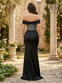 Satin Off Shoulder Mermaid Long Evening Dresses with Beading