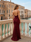 Sequin V Neck Mermaid Long Evening Dresses with Slit