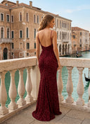 Sequin V Neck Mermaid Long Evening Dresses with Slit