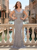 Sequin V Neck Mermaid Long Evening Dresses