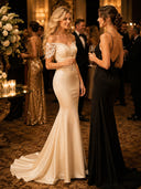 Satin off the Shoulder Mermaid Long Lace Evening Dresses