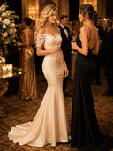 Satin off the Shoulder Mermaid Long Lace Evening Dresses
