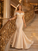 Satin off the Shoulder Mermaid Long Lace Evening Dresses