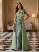Satin One Shoulder Mermaid Long Floral Evening Dresses