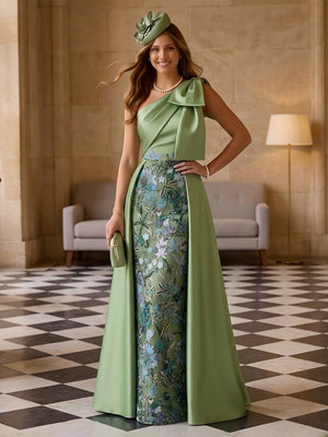 Satin One Shoulder Mermaid Long Floral Evening Dresses