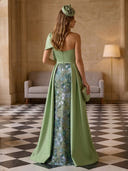 Satin One Shoulder Mermaid Long Floral Evening Dresses