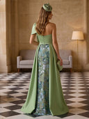 Satin One Shoulder Mermaid Long Floral Evening Dresses