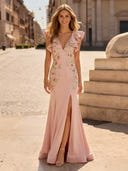Satin V Neck Mermaid Long Floral Evening Dresses with Slit