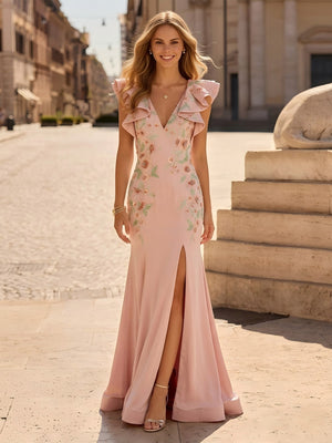 Satin V Neck Mermaid Long Floral Evening Dresses with Slit