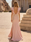 Satin V Neck Mermaid Long Floral Evening Dresses with Slit