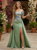 Satin off the Shoulder Mermaid Long Floral Evening Dresses with Slit