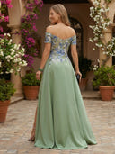 Satin off the Shoulder Mermaid Long Floral Evening Dresses with Slit