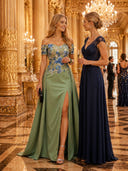 Satin off the Shoulder Mermaid Long Floral Evening Dresses with Slit