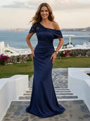 Satin One Shoulder Mermaid Long Floral Beaded Evening Dresses