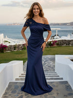 Satin One Shoulder Mermaid Long Floral Beaded Evening Dresses